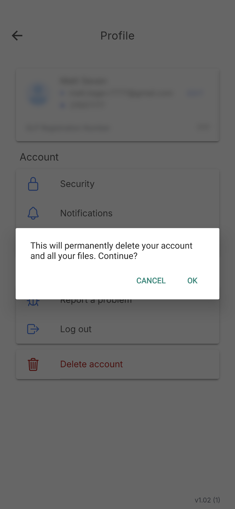 Delete account button